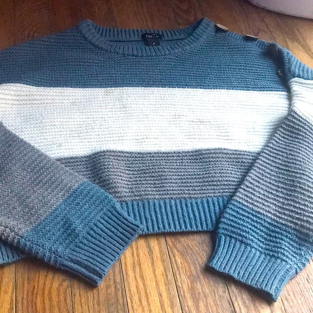 Rue 21 Blue, White, and Grey sweater with buttons